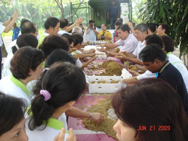 Ahli Majlis En Soon Lip Chee menunjuk cara membuat EM Mud Ball di Taman Bg Lalang, Butterworth pada 21-6-2009